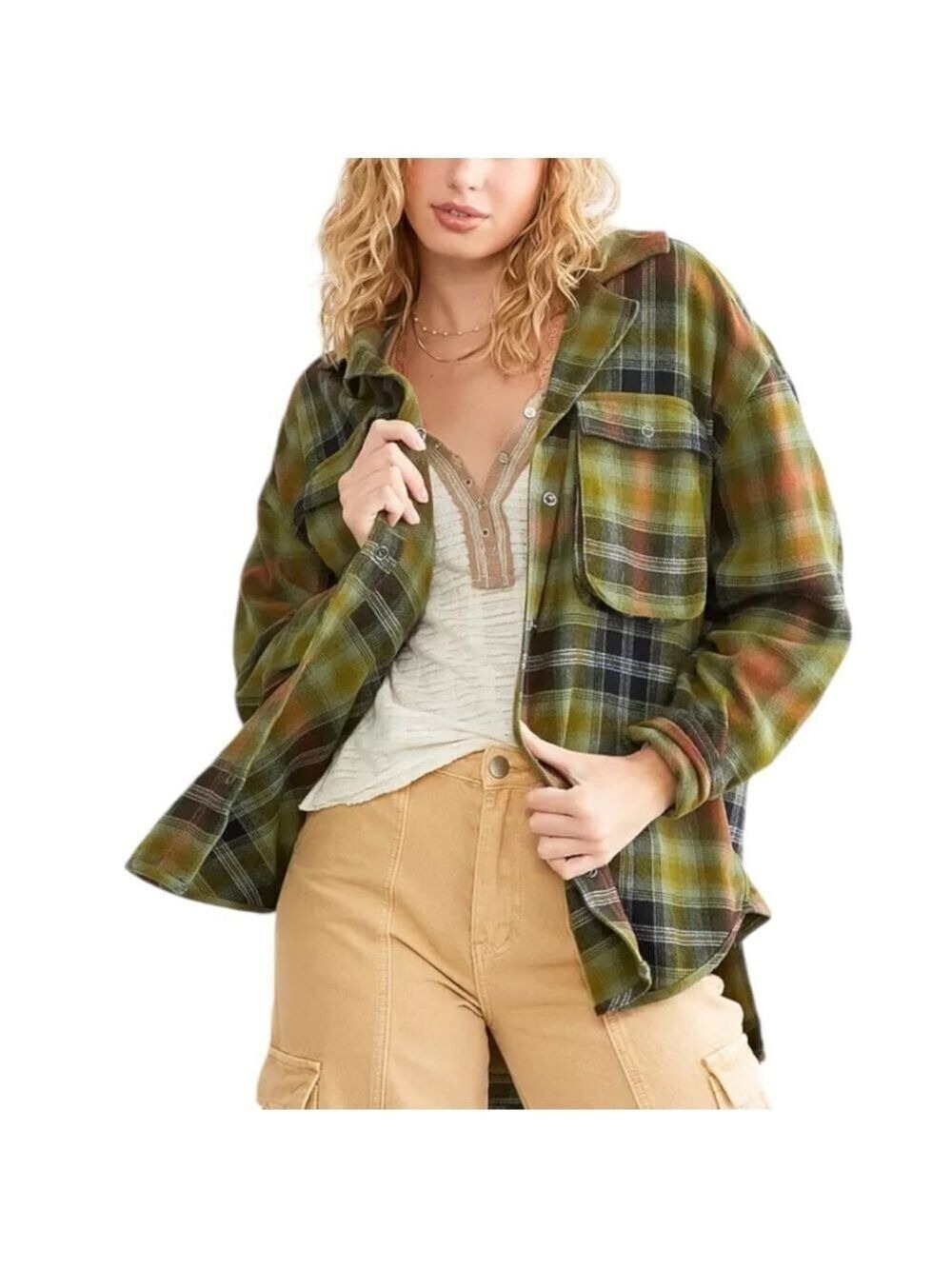 Free People We The Free Izzy Cargo Shirt plaid oversized Shacket Green Grunge M